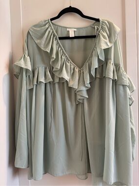 H&M Sage Green Ruffle V-Neck Blouse